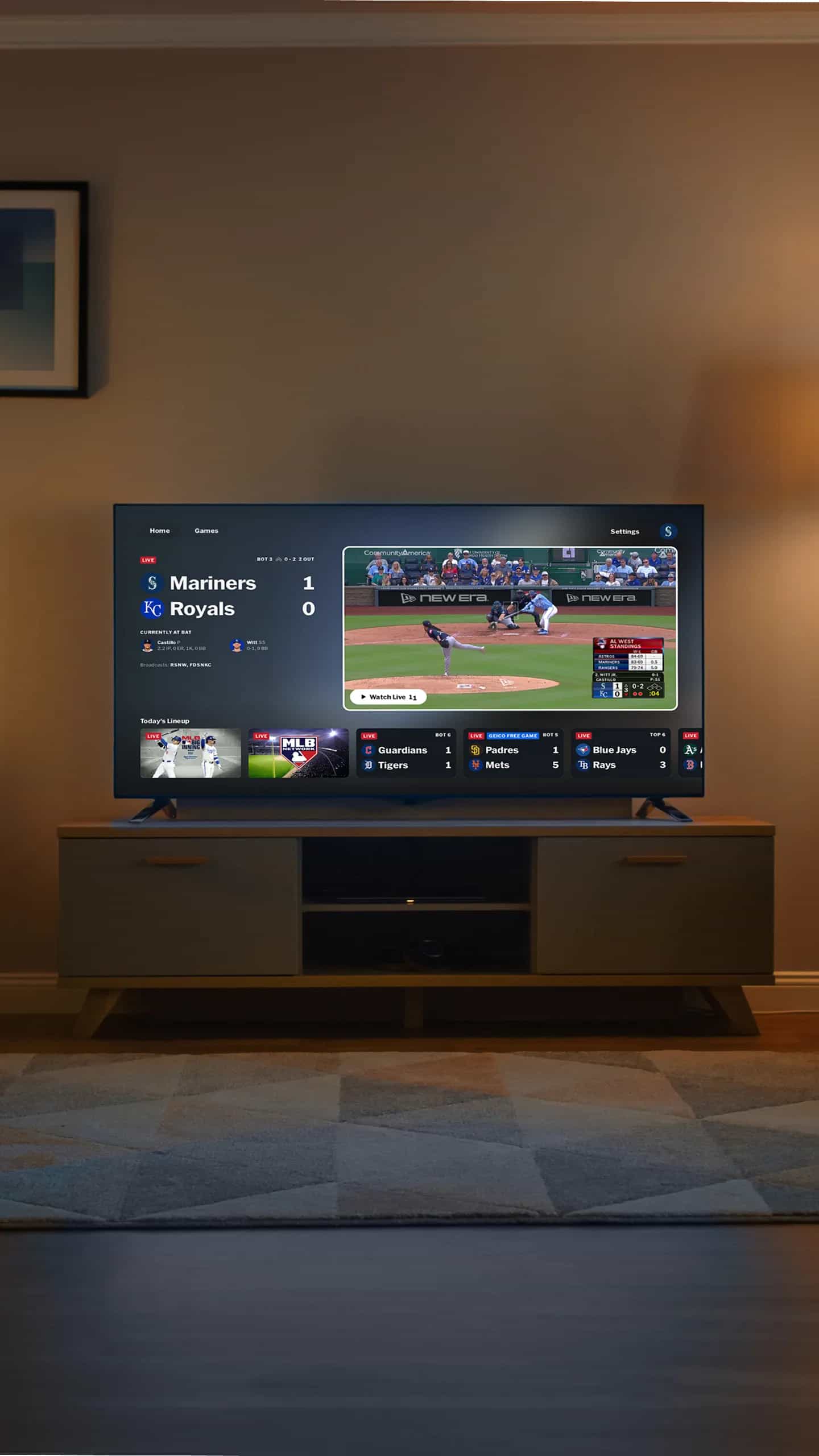 MLB.TV app on a living-room TV