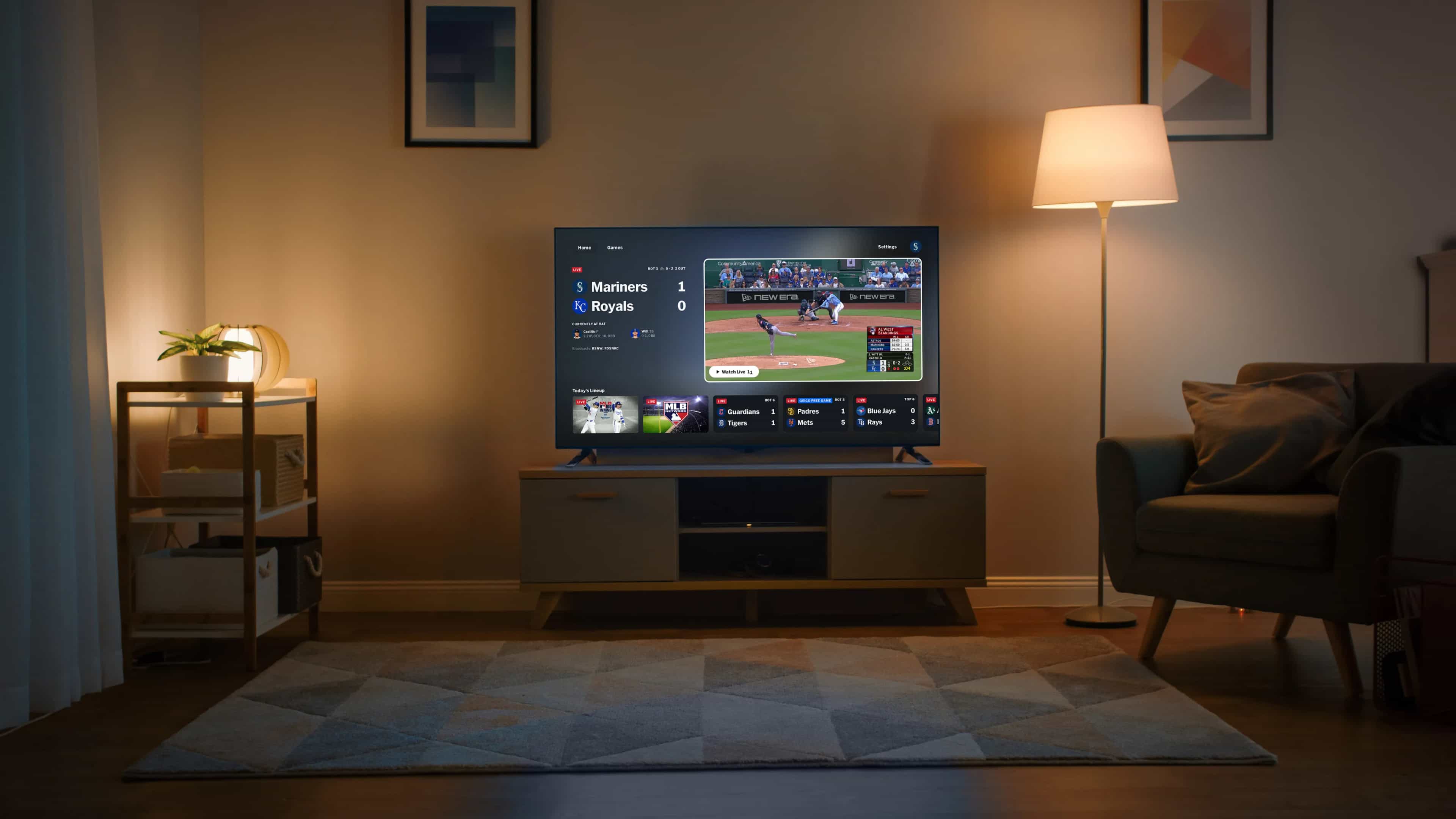 MLB.TV app on a living-room TV