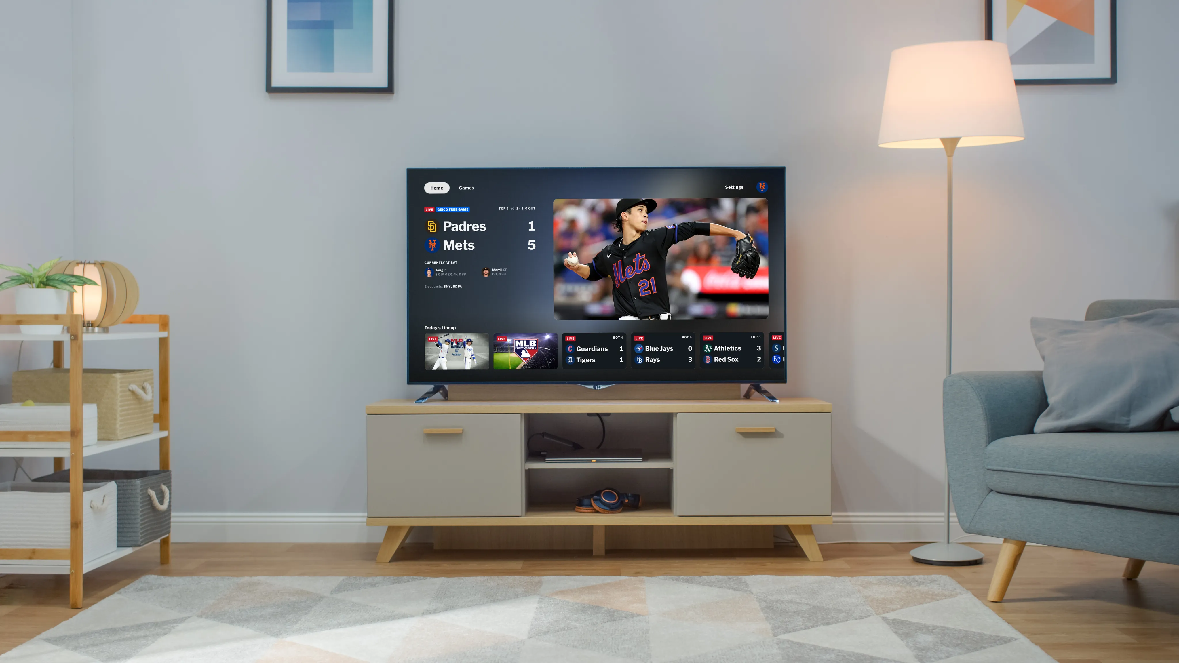 MLB.TV on Roku displayed on a living-room TV